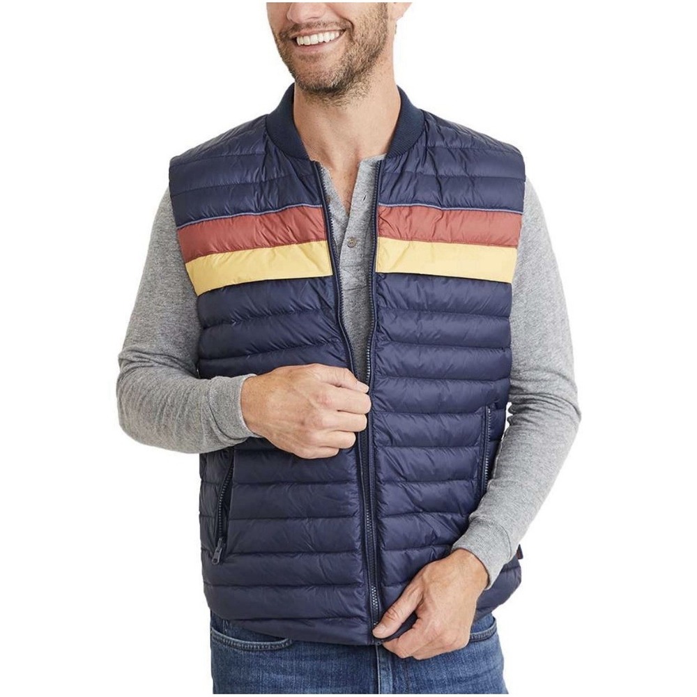Marine Layer Taos Down Fill Puffer Vest in Blue Striped Men XL‎ Full Zip Pockets